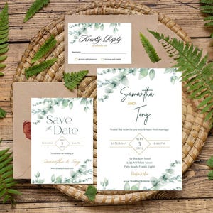Paquete Trio (Reserva la fecha / Invitación / RSVP) - Boda de eucalipto (Plantillas)