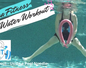May include: A woman in a black swimsuit is doing a deep water workout in a pool using a pink pool noodle. The text "Aqua Fitness Deep Water Workout" is in the top left corner of the image. The text "Full Workout - Using a Pool Noodle" is at the bottom of the image.