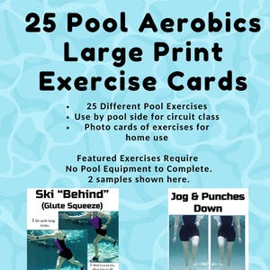 Könnte beinhalten: Blaue Übungskarte mit dem Text "25 Pool Aerobics Large Print Exercise Cards". Die Karte enthält Übungsanweisungen und Bilder für Pool-Workouts. Der Text "Body Weight Exercises" ist ebenfalls enthalten.