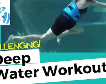 May include: An underwater shot of a person exercising in a pool. The person is wearing a blue flotation device and black shorts. Text on the image reads "CHALLENGING! Deep Water Workout" and a logo for "FIIT with Stacy".