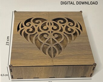 May include: A wooden box with a heart-shaped cutout design. The box is 23 inches wide and 6.5 inches tall. The box is made of wood with a brown stain.