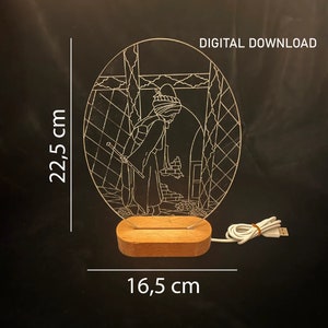 May include: A white LED night light with a wooden base. The light features a design of a person in a hooded cloak holding a staff. The light is 22.5 inches tall and 16.5 inches wide. DIGITAL DOWNLOAD.