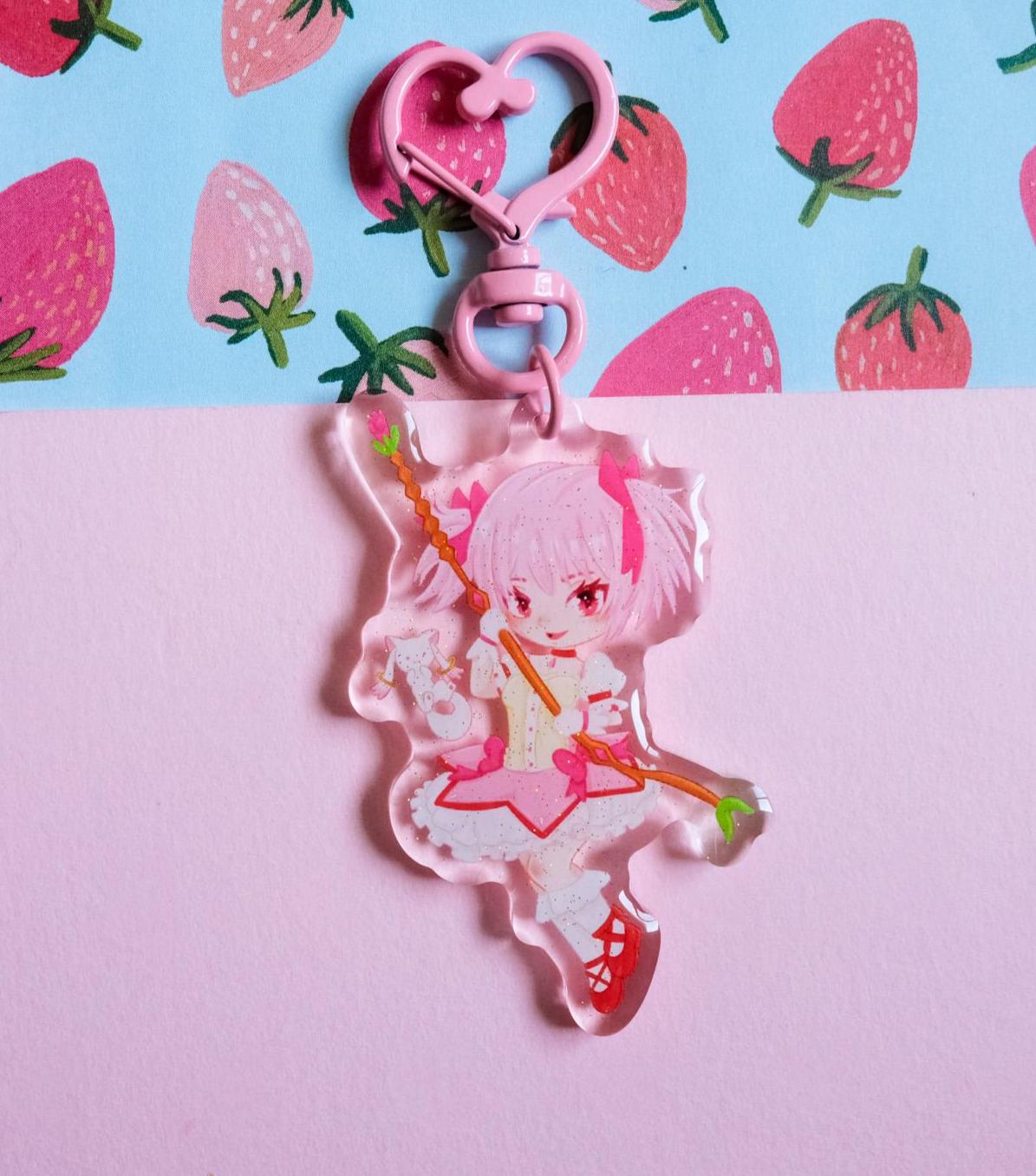 Madoka Kaname Keychain: Glitter Epoxy Acrylic Charm, Magical Girl
