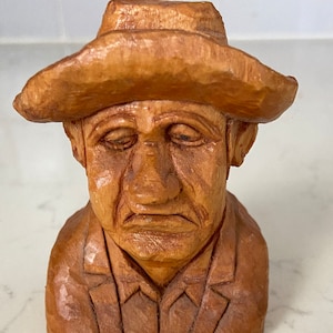 Folk Art Hand Carved Wood Farmer Bust/Head-collectible, decor, gift, display, original