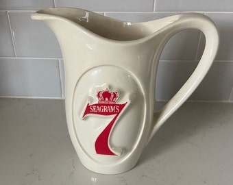 Vintage 70s Seagrams 7 Whiskey Pitcher White Ceramic 7"-great gift or bar item-collectible MCM era-great for advertising collectors as well!