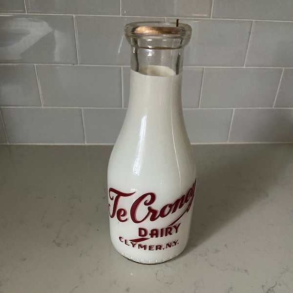 Te Croney Dairy Clymer NY Pyroglazed Glass Milk Bottle with Cap Vintage 50s Serial #57 Cap from Bartell Jersey Dairy Great Graphics