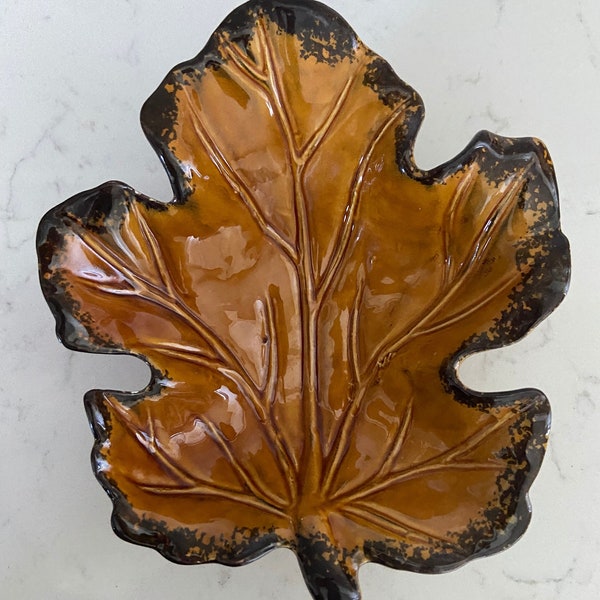 Vintage Retro 70s WCL Ceramic Leaf Candy Dish 6" x 5.5" Gold and Brown