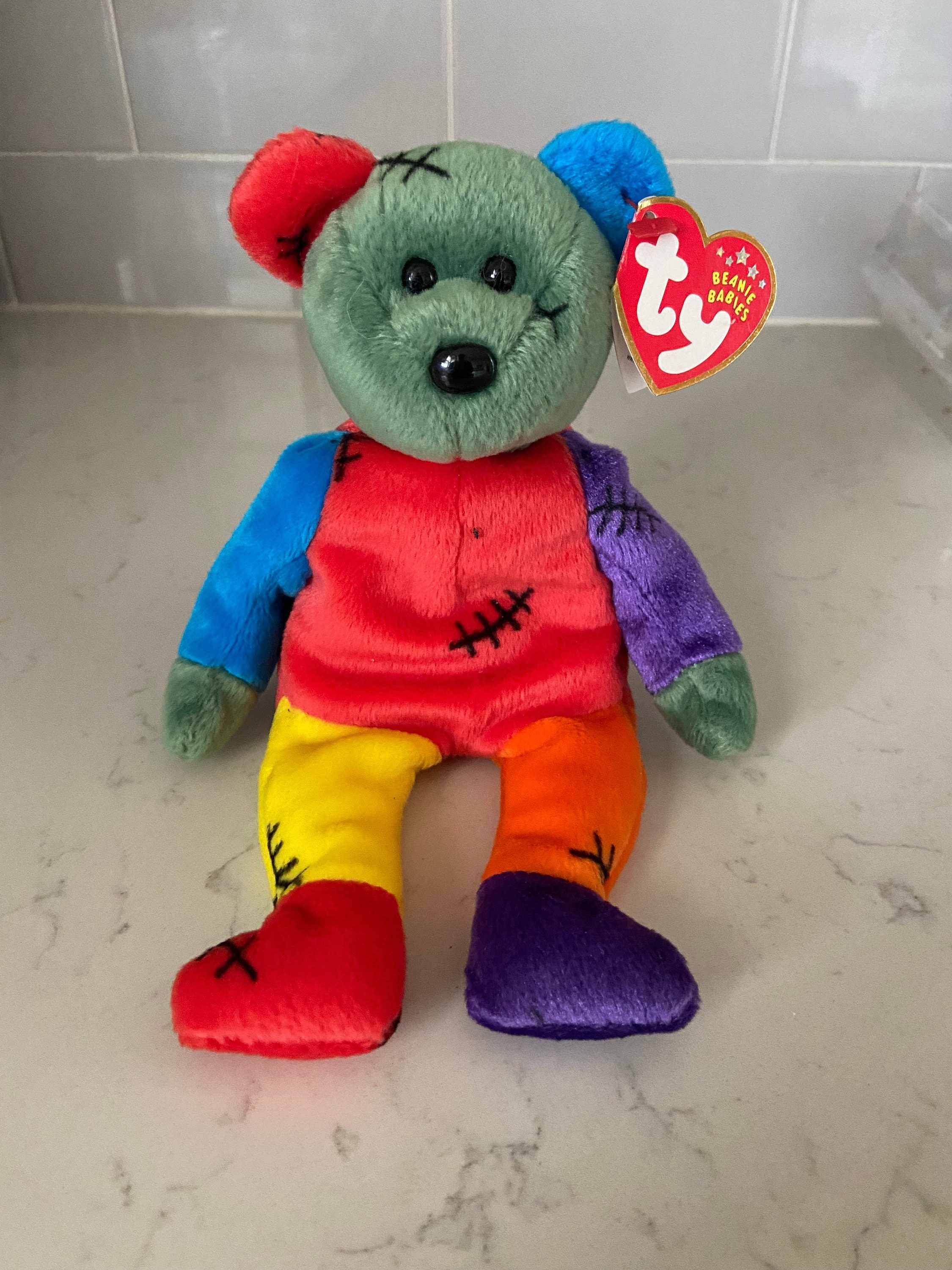 レア！平成レトロ Ty beanie babies 2001/2?製造 Rare Frankenteddy TY Beanie Baby 2001 With Tag Errors-great
