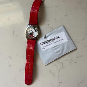 Vintage Disney Mickey Mouse Watch with Red Leather Band and 2 New Batteries