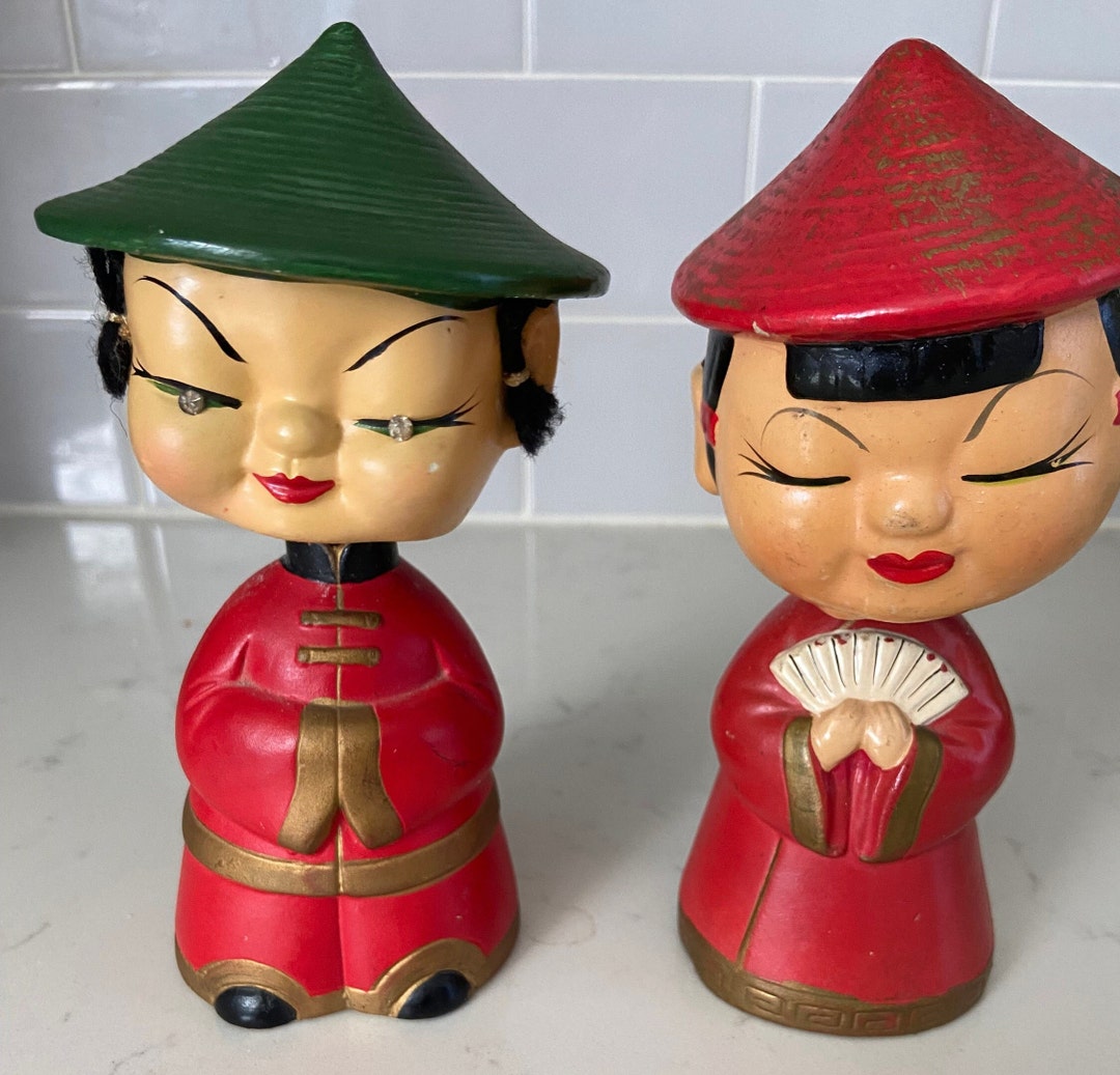 Figurine Vintage Asian Boy Bobble Head - Yeux En Pierre, Collection, état D'usage