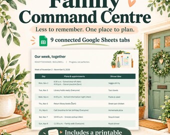 Family Command Centre for Google Sheets | Household Planner, Chore & Task Tracker, Printable Fridge Planner
