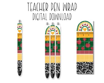 May include: Three printable pen wraps featuring a rainbow, apples, and a ruler with the text "Teacher Pen Wrap Digital Download".