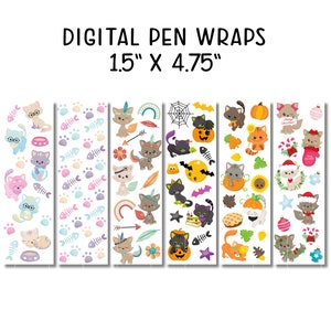 May include: Digital pen wraps featuring various cat designs. The designs include a cat with a pumpkin, a cat with a Christmas stocking, a cat with a sunflower, a cat with a fishbone, a cat with a feather, and a cat with a spider web. The pen wraps are 1.5 inches by 4.75 inches.