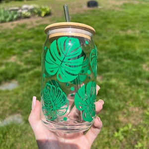 Monstera Glass Cup – 16oz | Tropical Leaf Design | Aesthetic Iced Coffee Tumbler