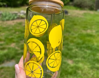 Zesty Lemon Glass Cup – 16oz | Bamboo Lid & Glass Straw | Refreshing Summer Drinkware