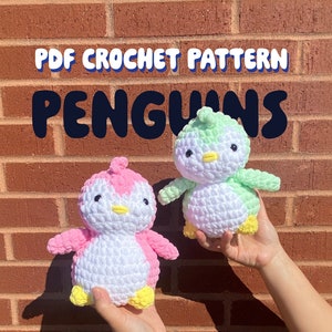 May include: PDF crochet pattern for two penguin amigurumi toys. One penguin is pink and white, the other is green and white.