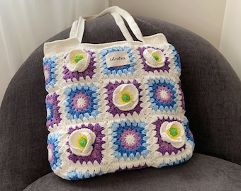 Hibiscus Crochet Tote Bag, Granny Square shoulder Bag, Crochet Purse, Cotton lining bag, Boho purse shoulder Bag,Gift for Women, Made in USA