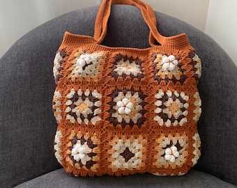 Crochet XL Tote Bag, Brown Granny Square shoulder Bag, Crochet Purse, Cotton lining bag, Boho purse shoulder Bag,Gift for Women, Made in USA