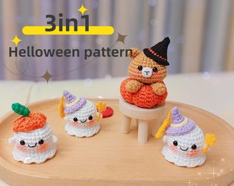 Könnte beinhalten: Drei gehäkelte Halloween-Dekorationen: ein Geist mit einem lila Hut, ein Geist mit einem orangefarbenen Kürbis-Kopf und ein brauner Bär mit einem schwarzen Hexenhut, der in einem orangefarbenen Kürbis sitzt.