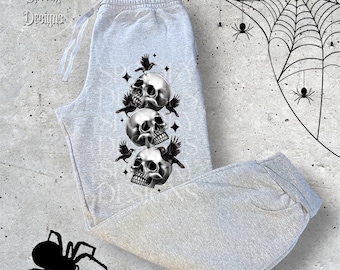 Skulls and Ravens - Pantalon de survêtement en coton et polyester gris noir Jogging unisexe gothique pour homme