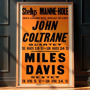 Póster de jazz vintage raro, concierto de John Coltrane, Miles Davis y Shelly's Manne-Hole, recuerdos de jazz, diseño retro