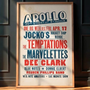 Rare Vintage Concert Poster, Temptations, Marvelettes 1964 Apollo Theater, R&B Soul Funk Wall Art, Retro Rock Memorabilia Print