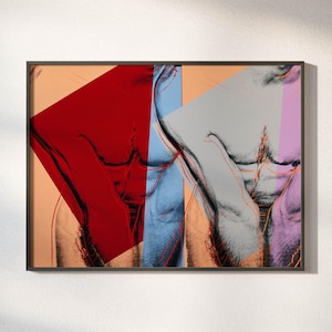 May include: Abstract art print featuring a fragmented male torso in a pop art style. The artwork uses bold colors like red, blue, and gray, with orange and pink accents. The image is framed in a dark brown frame.