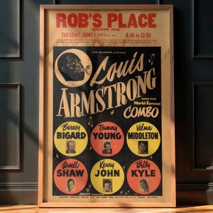 Rare Vintage Jazz Poster, Louis Armstrong 1954 Concert, Jazz Music Memorabilia, Retro Design
