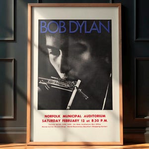 Bob Dylan Vintage Poster, Norfolk Municipal Auditorium Concert 1966, Rock and Roll Wall Art, Retro Rock Memorabilia