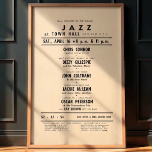 Rare Vintage Jazz Poster, Dizzy Gillespie / John Coltrane Town Hall Concert 1960, Jazz Music Memorabilia, Retro Wall Art