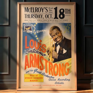 Rare Vintage Jazz Poster, Louis Armstrong 1954 Concert, Jazz Music Memorabilia, Retro Design