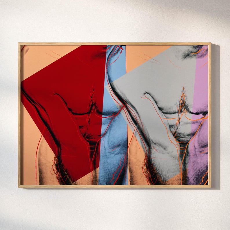 May include: Abstract art print featuring a male torso in a pop art style. The artwork uses a palette of red, blue, gray, and pink, with orange and red line details. The image is framed in a natural wood frame.