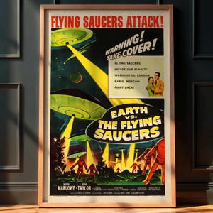 Retro Sci-Fi Movie Poster, Earth vs. the Flying Saucers 1956, Vintage Pulp Art Print, Old Hollywood Wall Decor, Cult Film, Campy