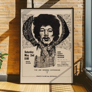 Jimi Hendrix Vintage Concert Poster, Psychedelic Rock Wall Art, Retro Rock Memorabilia Print, Music Wall Decor