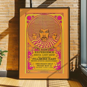 Jimi Hendrix Vintage Concert Poster, Psychedelic Rock Wall Art, Retro Rock Memorabilia Print, Music Wall Decor
