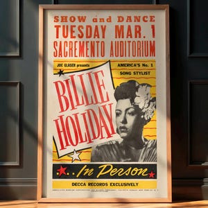 Vintage Jazz Poster, Billie Holiday 1949 Concert, Jazz Music Memorabilia, Retro Wall Art