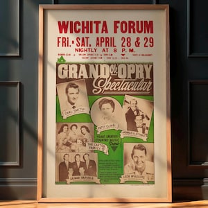 May include: Framed vintage poster for the Wichita Forum's Grand Ole Opry Spectacular. The poster features portraits of country music stars like Patsy Cline and Carl Smith, with text in red and green.