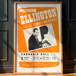 Vintage Jazz Concert Poster - Duke Ellington 1963 Carnegie Hall NY, Rare Music Print, Jazz Wall Art, Mid Century Poster, Classic Jazz Decor