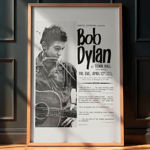 Bob Dylan Rare Vintage Poster, Town Hall Concert 1963, Rock and Roll Wall Art, Retro Rock Memorabilia