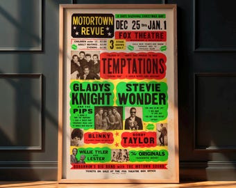 Rare Vintage Concert Poster, Temptations, Stevie Wonder 1968, R&B Soul Funk Wall Art, Retro Rock Memorabilia Print