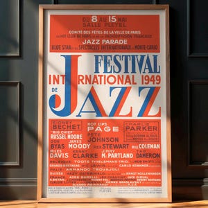 Vintage Jazz Concert Poster, International Jazz Festival 1949 France, Charlie Parker, Miles Davis, Jazz Music Memorabilia, Retro Wall Art