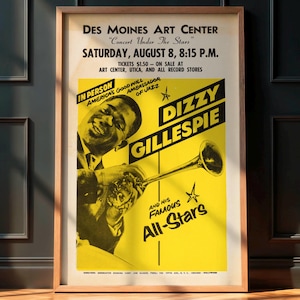 Vintage Jazz Poster, Dizzy Gillespie 1960s Concert, Jazz Music Memorabilia, Retro Wall Art