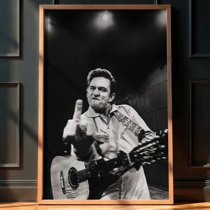 Johnny Cash middelvinger poster - iconische San Quentin-foto, Outlaw Country kunst aan de muur, rock-&#39;n-roll-print, decor muzieklegende