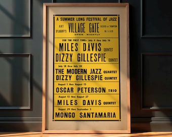 Póster del concierto de Miles Davis, Dizzy Gillespie y Oscar Peterson de los años 60 - Impresión del Village Gate Nightclub de Nueva York - Muy raro