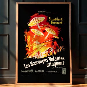 Retro Sci-Fi Movie Poster, Earth vs. the Flying Saucers 1956 (French), Vintage Pulp Art Print, Old Hollywood Wall Decor, Cult Film, Campy