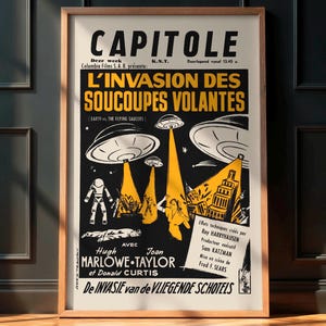 Retro Sci-Fi Movie Poster, Earth vs. the Flying Saucers 1956 (Belgian), Vintage Pulp Art Print, Old Hollywood Wall Decor, Cult Film, Campy