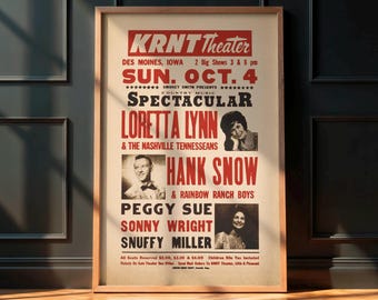 Loretta Lynn & Hank Snow 1970 Des Moines Konzert Poster - Vintage Country Musik Wandkunst - Sehr seltener Retro Print