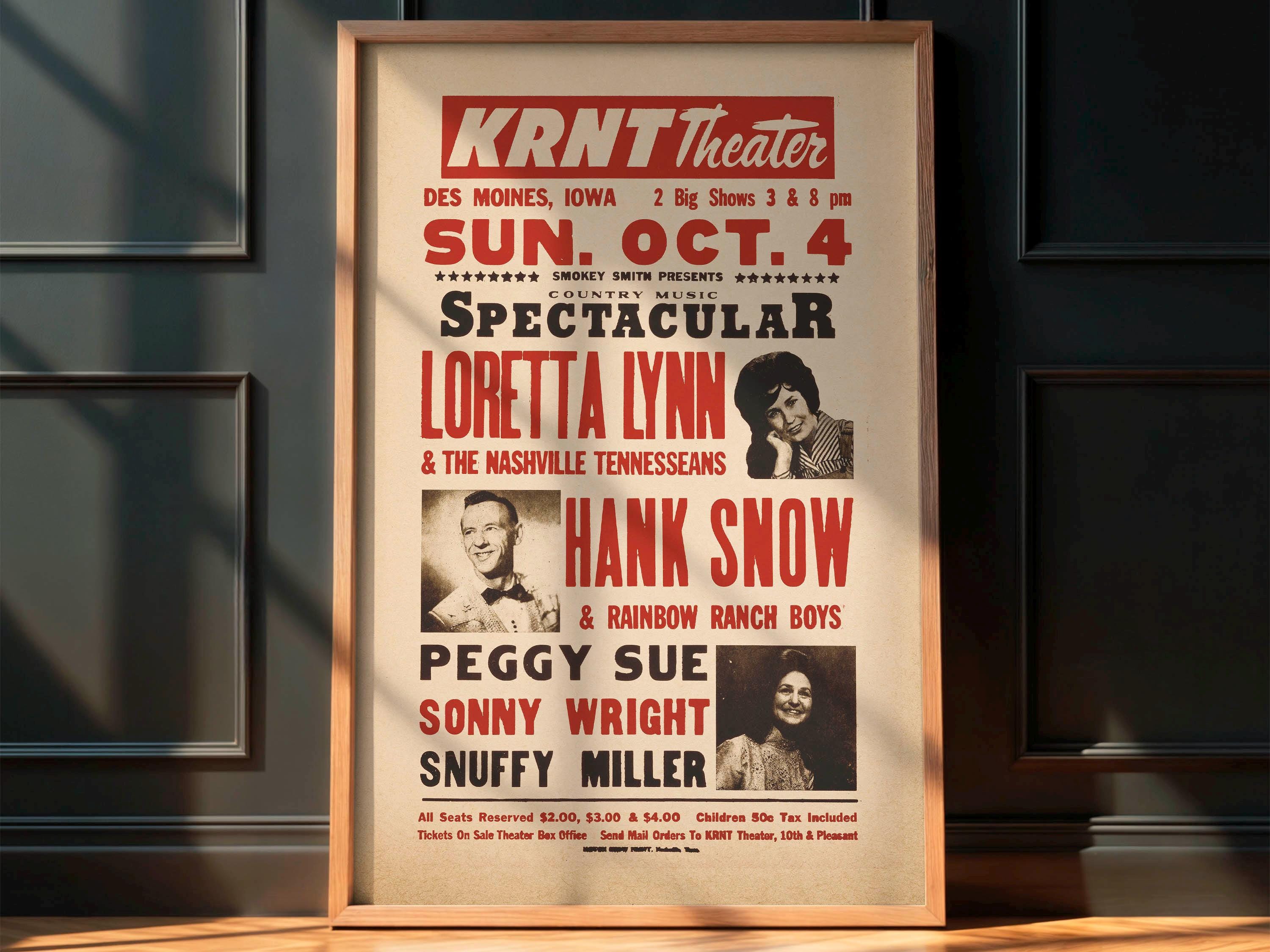 Loretta Lynn & Hank Snow 1970 Des Moines Concert Poster - Vintage