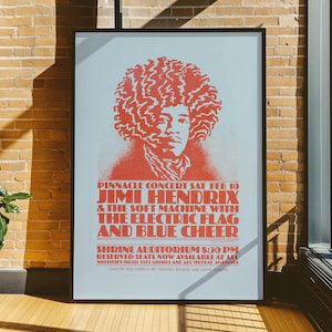 Jimi Hendrix Vintage Concert Poster, Psychedelic Rock Wall Art, Retro Rock Memorabilia Print, Music Wall Decor