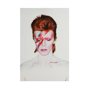 May include: A portrait of a person with red hair and a red and blue lightning bolt painted on their face. The person has closed eyes and a pale complexion. The background is a solid white.